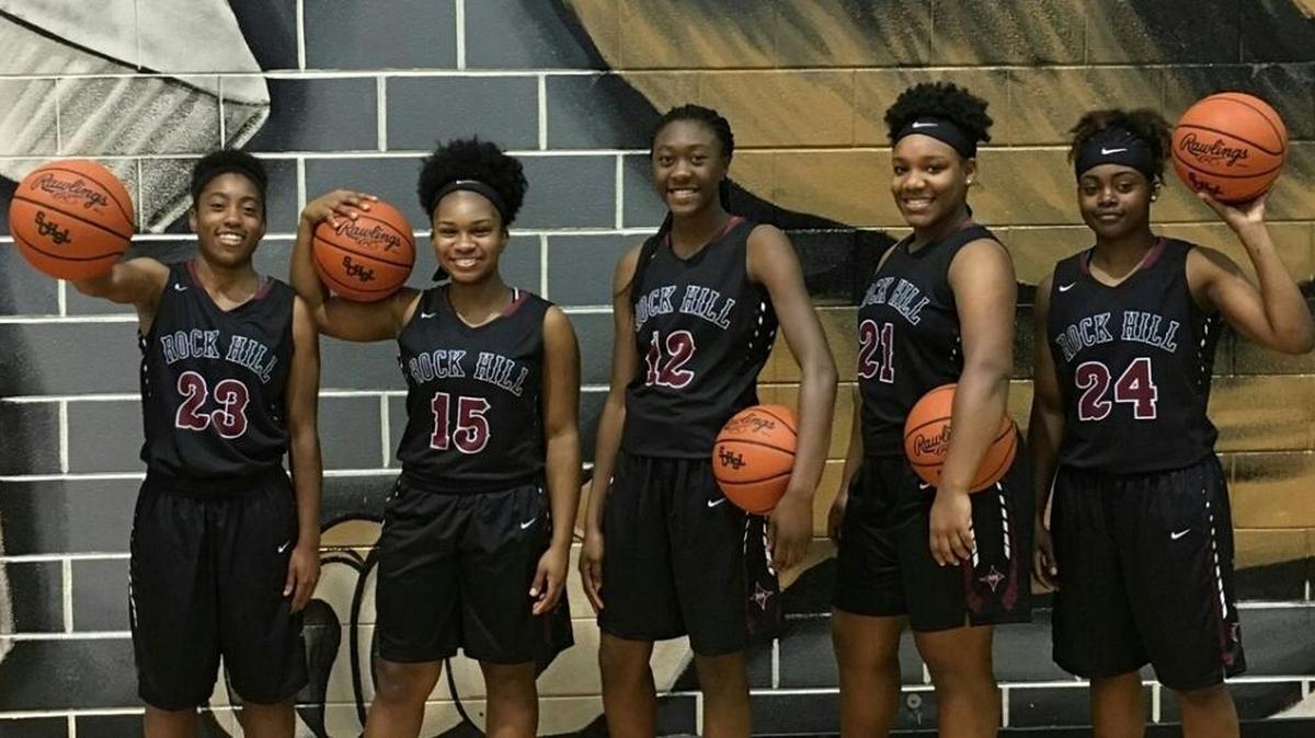 Rock Hill High girls basketball players Whitney Malone (23); MaKenna Thompson (15); Tee Ballard (12); RiKoya Anderson (21); Abrianna Green (24).