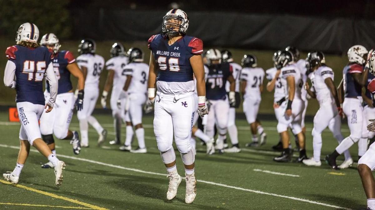 Joshua Ilaoa of Mallard Creek celebrates a play in a 41-7 win over Hough last month. The teams meet again in Friday’s N.C. 4AA state semifinal at Mallard Creek