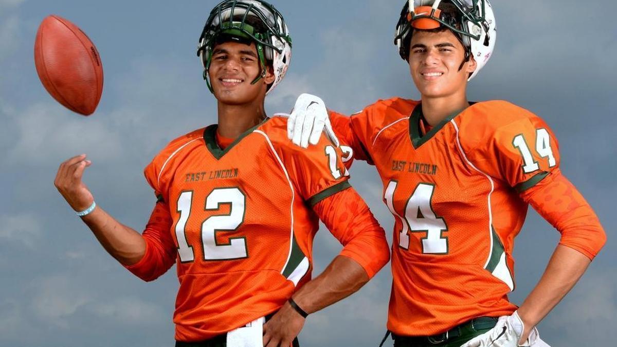 Sage Surratt (right), seen with his brother Chazz, is transferring from East Lincoln to rival Lincolnton for his senior season. Chazz Surratt will be a freshman QB at UNC this fall.