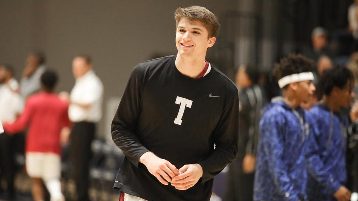 Duke Recruit Joey Baker of Trinity Christian warms up before a game at Carmel Christian on Monday.