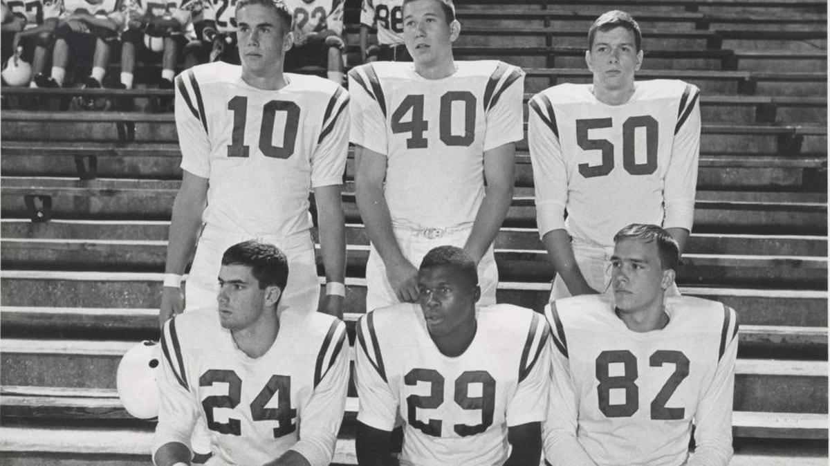 
Picture day at Myers Park High in 1965 included this shot of some of the team’s best players: Quarterback Neb Hayden (10), fullback Mack Tharpe (40), center Julian Cockerham (50), halfback Johnny Wilson (24), halfback Jimmie Lee Kirkpatrick (29) and end Harris Woodside (82).
