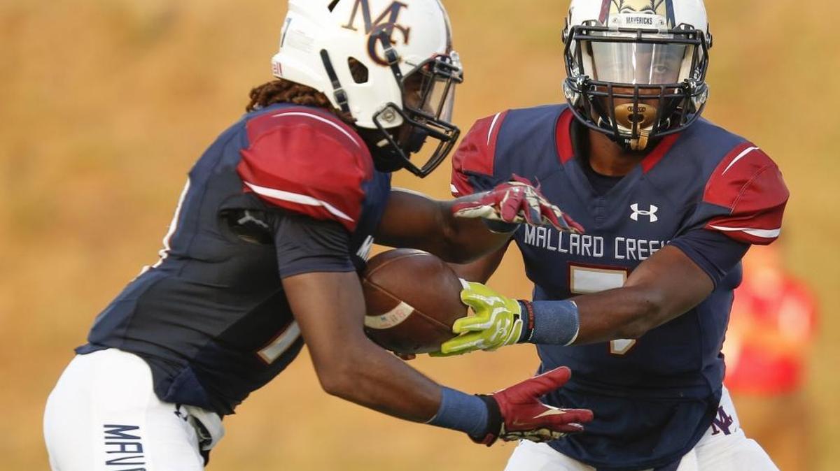 
Mallard Creek quarterback James Smith, right, and tailback Chauncery Bowman hope to get the run game going against Byrnes Friday night in Duncan, S.C. 
