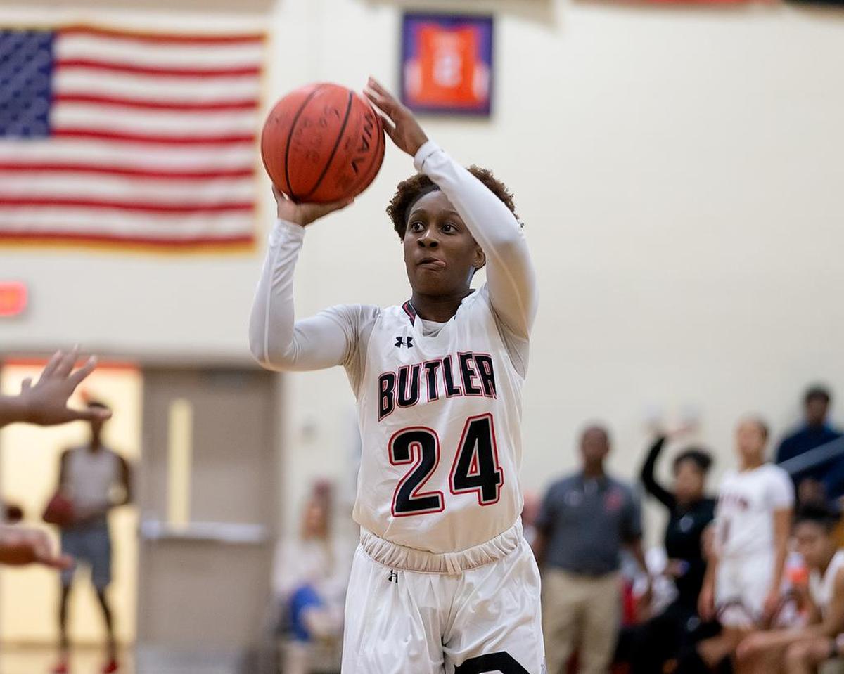 Butler’s Renee Kennedy (24) knocks down the 3-point basket against Mallard Creek.