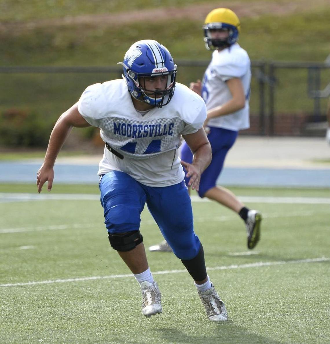 Mooresville linebacker Storm Monroe, shown during practice on Monday, has 132 tackles in eight games to lead all high school football players in North Carolina.