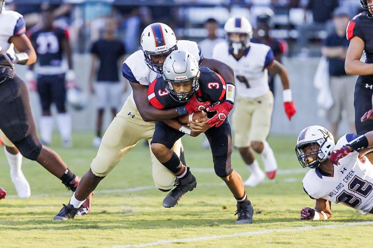 Mallard Creek’s defense sacks Butler quarterback Christian Peters (3) late in the first half in Friday’s game in Matthews. Mallard Creek won 36-28.
