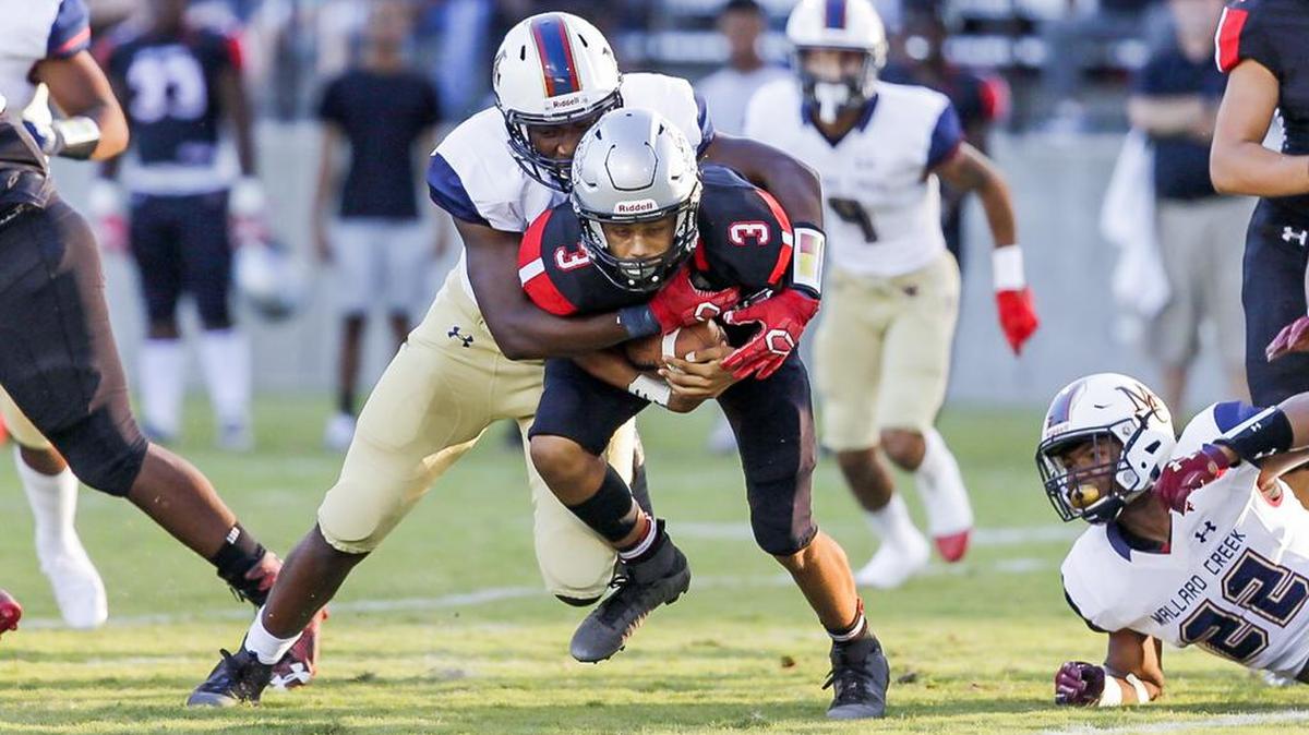 Mallard Creek’s defense sacks Butler quarterback Christian Peters (3) late in the first half in Friday’s game in Matthews. Mallard Creek won 36-28.