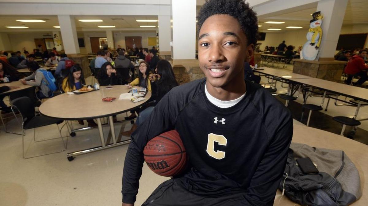 Concord High's Leaky Black in the school's cafeteria on Tuesday, February 23, 2016. Black, a 6-7 sophomore point guard, was the third sophomore player in North Carolina coach Roy Williams coaching career to draw a scholarship. Black has led the Spiders to the South Piedmont regular-season championship and a first round playoff game on Tuesday.