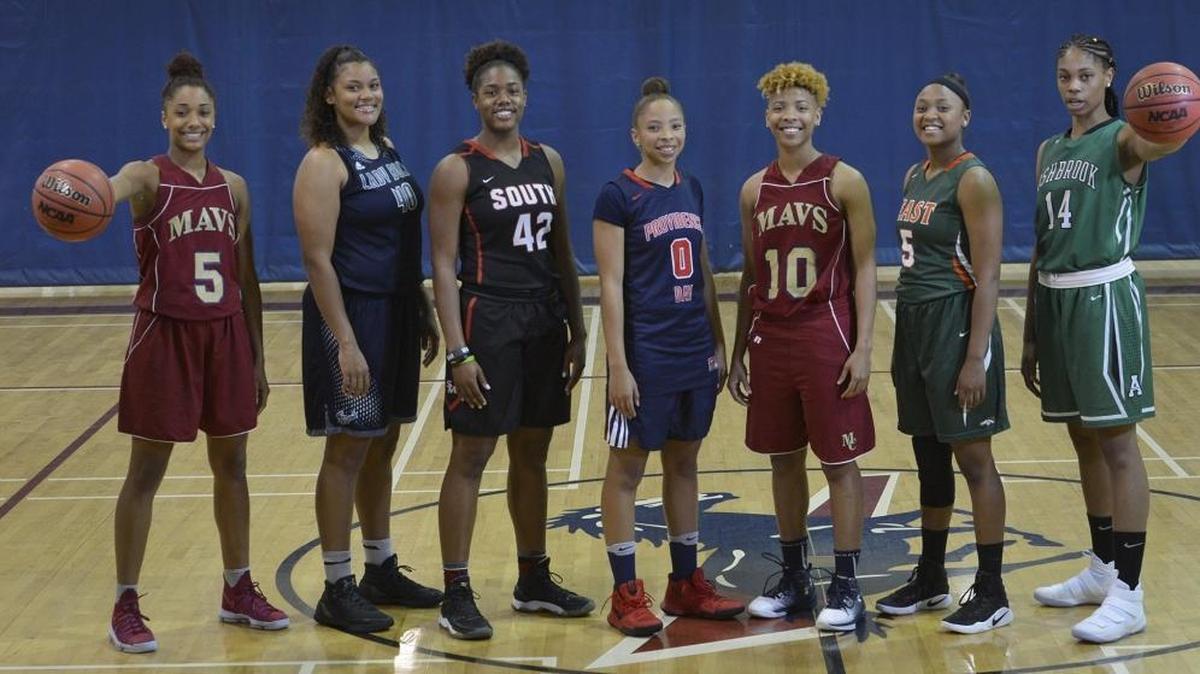 Seven of the area's top high school basketball stars. (L to R) Mallard Creek's Ahlana Smith, Hickory Ridge's Gabby Smith, South Meck's A'Lea Gilbert, Providence Day's Kennedy Boyd, Mallard Creek's Dazia Lawrence, East Lincoln's Destiny Jones, Ashbrook's Evonna McGill.