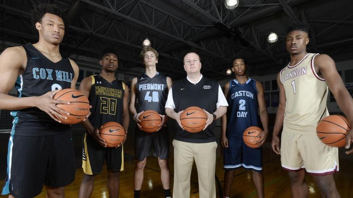 ALL PIEDMONT BOYS Wendell Moore, Cox Mill, Adrian Delph, Kings Mountain, Hunter Tyson, Piedmont, Coach Matt Sides of Forest Hills, Nate Hinton, Gaston Day, and Jairus Hamilton, Cannon at Cox Mill High on Wednesday, March 21, 2018.