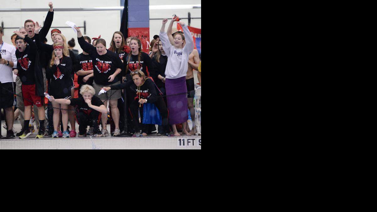 
The South Mecklenburg team cheers during the men’s 200-yard freestyle during the NCHSAA 4A swimming finals in Cary on Feb.
14, 2015.
