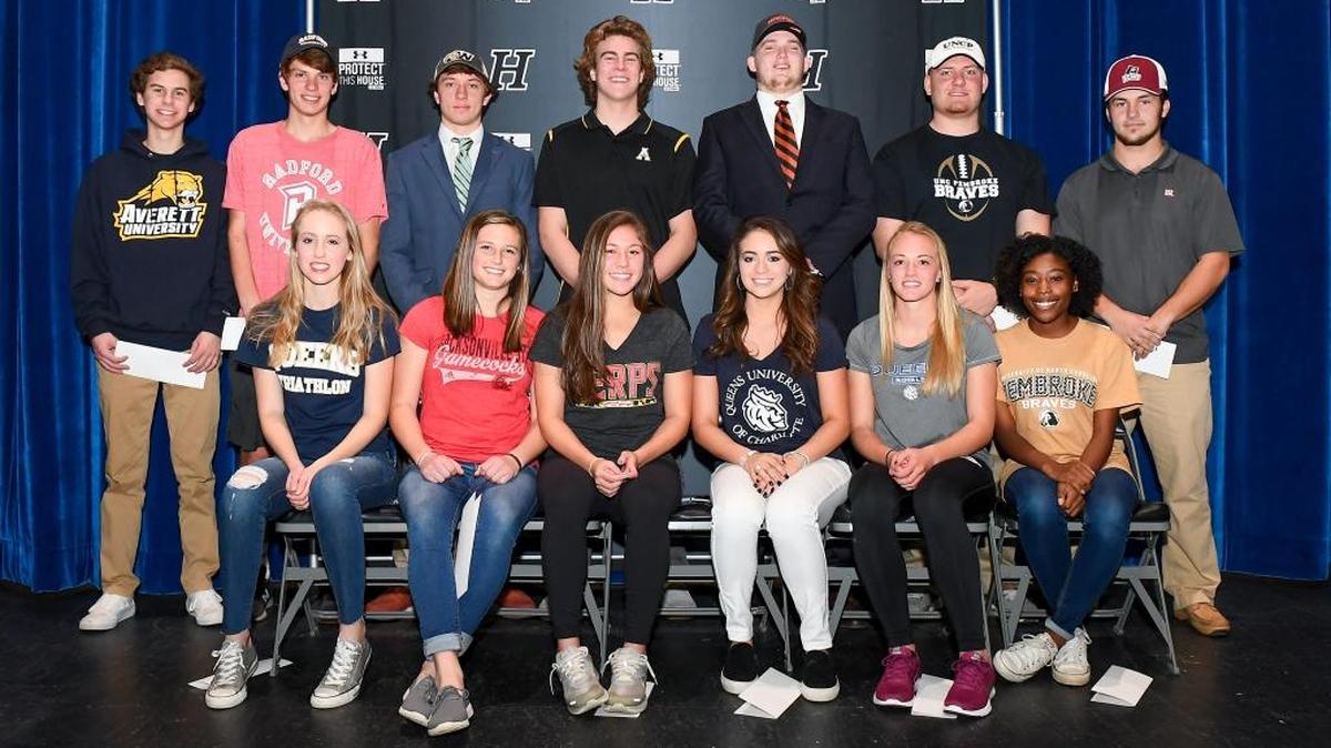 W.A. Hough student-athlete signing day ceremony at Hough High School on Wednesday, February 07, 2018 in Cornelius, North Carolina. Front Row (L-R) Ashtyn Smith (Tri-Athlete/Queens), Reilly Kucko (Soccer/Jacksonville State), Madison Oracion (Soccer/Maryland), Brooke deGorter (Lacrosse/Queens), McKenzee Johnson (Soccer/Queens), Miranda Addison (Soccer/UNC Pembroke) Back Row (L-R) Lucas Jayne (Lacrosse/Averett), Will Crane (Tennis/Radford), Spencer Blair (Football/Wingate), Miller Gibbs (Football/Appalachian State), Jack Carter (Football/Princeton), Jonnie Varga (Football/UNC Pembroke), Adam Dempski (Baseball/Lenoir-Rhyne)