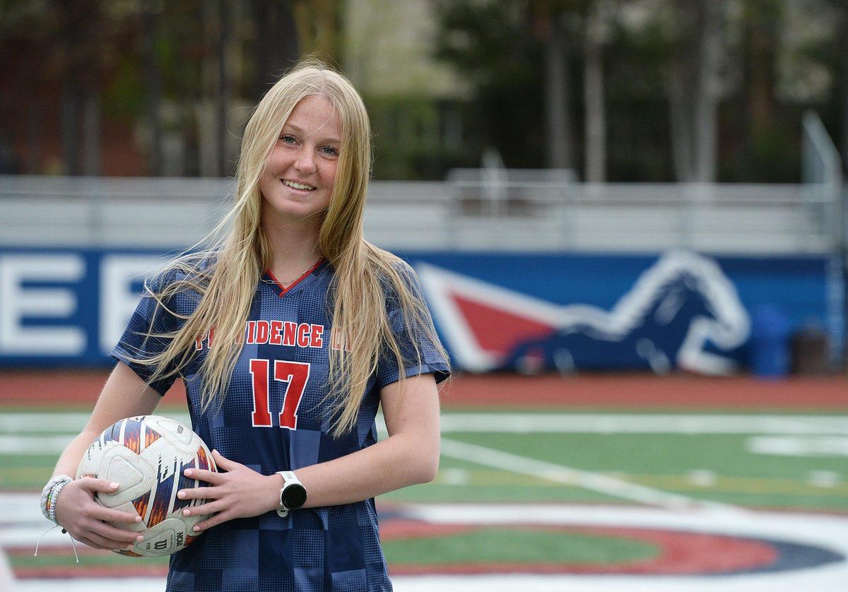 Blane McElory, the reigning North Carolina Gatorade Player of the Year and her Providence Day teammates, who won the private school state champ last spring, play at public school state champ Marvin Ridge Tuesday. McElroy, a senior midfielder, posed for photos on Monday, Mar. 24, 2025.