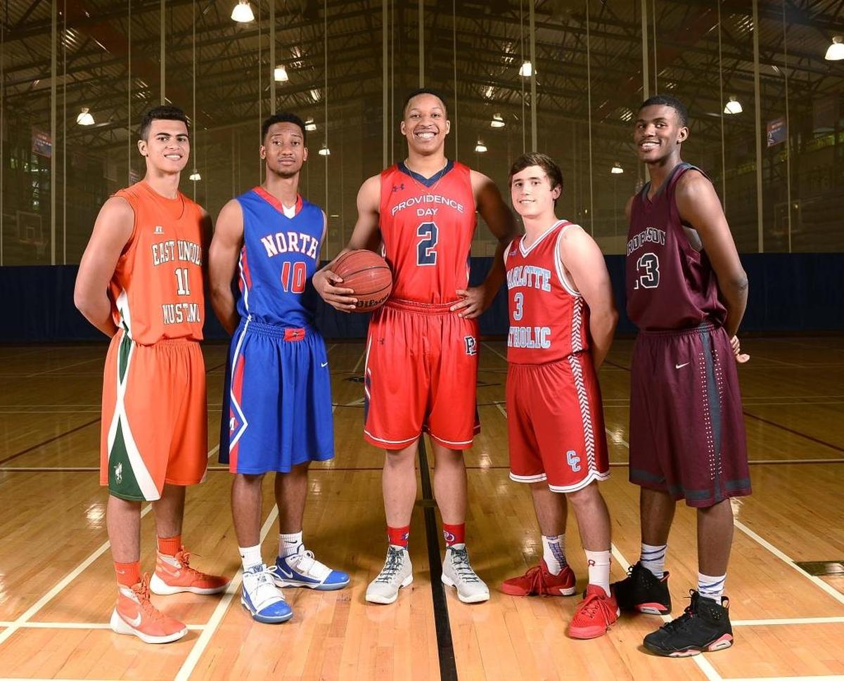 The 2015-16 All-Observer basketball team included, from left,Sage Surratt, East Lincoln, Davion Mintz , North Meck, Grant Williams Providence Day, Josh Brodowicz, Charlotte Catholic, Lavar Batts, Concord Robinson. Mintz (Creighton), Williams (Tennessee) and Batts (N.C. State; now at UNC-Asheville) played in the 2018 NCAA Tournament.