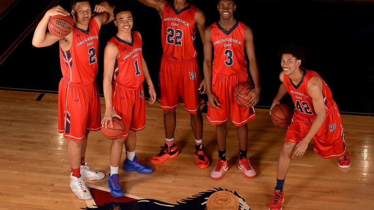 (L-R) Providence Day boys Grant Williams (2), Devon Dotson (1), Isaac Johnson (22), Trey Wertz (3) and Josh Howard (42).