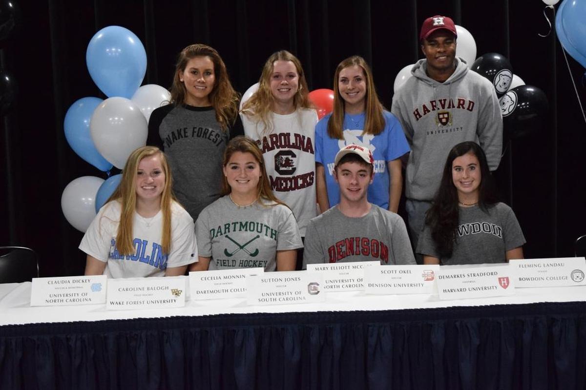 Charlotte Latin School signees on National Signing Day: (front, l-r) Caroline Dickey (UNC – basketball & soccer); Cecelia Monnin (Dartmouth – field hockey); Scott Okel (Denison University – soccer); Fleming Landau (Bowdoin College – tennis) (back, l-r) Caroline Balogh (Wake Forest – field hockey); Sutton Jones (University of South Carolina – soccer); Mary Elliott McCabe (UNC – soccer); DeMarkes Stradford (Harvard – football)