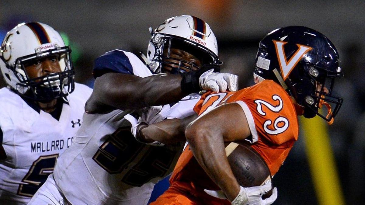 Mallard Creek linebacker Kalen Allen, center, and the Mavericks host rival North Meck Friday in a second-round playoff, while Vance tailback Kalen Clark, right, and his team travel to play Kernersville Glenn Friday.