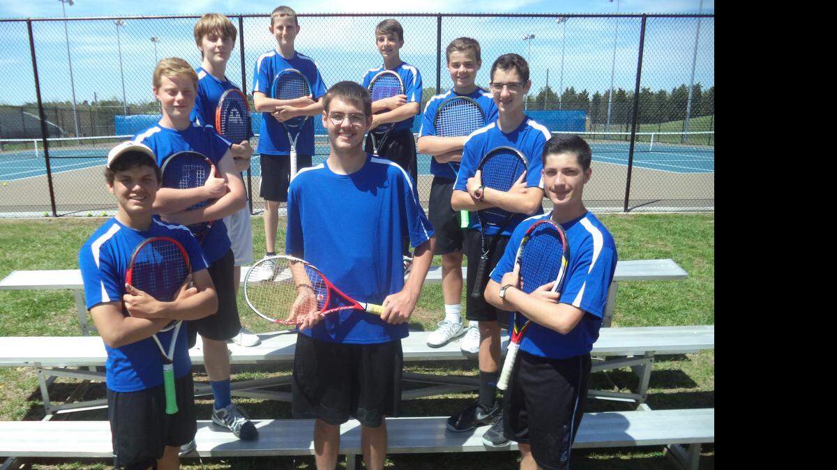 
Noah Taylor, center, overcame a long illness to return to playing tennis. Surrounding him, from left,  are teammates Tyler Dorton, Quinton Broadway, Samuel Morris, Nolin Wagoner, Masdon Wilson, Aiden Broadway, Samuel Webb and Riley Webb. Not pictured are teammates Evan Coia and Mason Yates.
