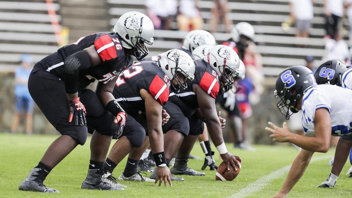 Butler’s offensive line prepares for a play during Saturday’s game against Scotland County at Memorial Stadium.