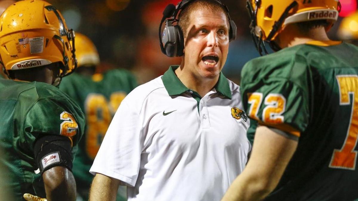 Former Independence head coach Justin Hardin talks to his team while facing Butler during the Southwestern 4A championship prep football game last November. Hardin announced he is leaving to become an assistant at Charlotte Latin Wednesday. Photo by JASON E. MICZEK - Special to the Observer