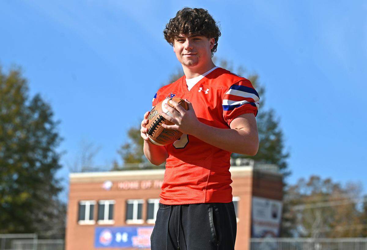 Marvin Ridge High linebacker Brady Morgan on Thursday, November 13, 2025. Morgan and his teammates will be facing Weddington High in prep football action on Friday, November 14, 2025. Morgan is the son of former NFL linebacker and Carolina Panthers President of Football Operations/General Manager Dan Morgan.