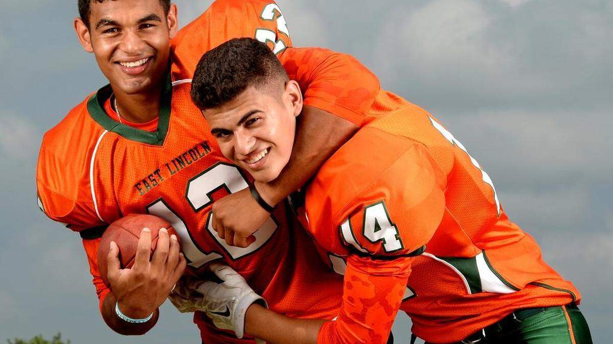 
East Lincoln’s Chazz Surratt, left, and brother Sage are best friends and two of the state's top high school athletes. They’ll again lead the Mustangs, who will start the 2015 season ranked No. 16 in the Observer’s Sweet 16 poll. 

