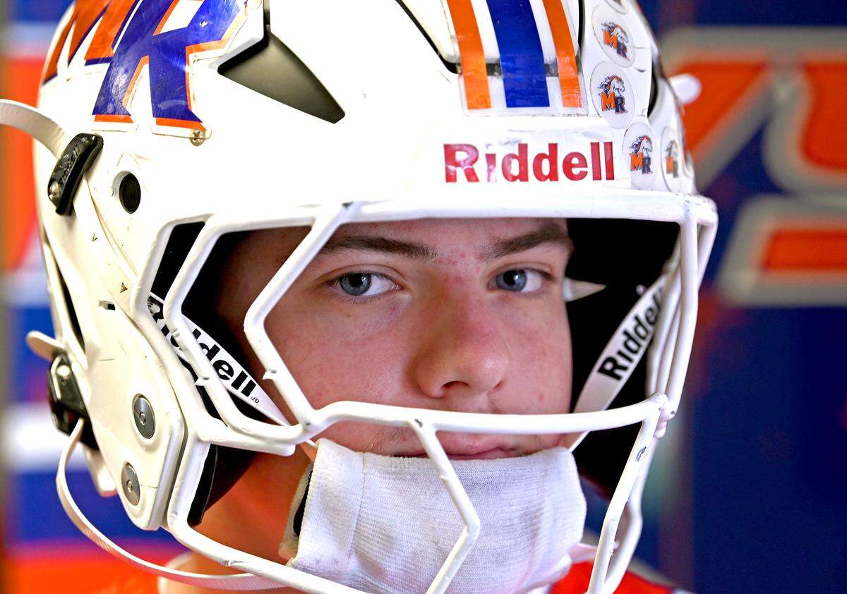 Marvin Ridge High linebacker Brady Morgan on Thursday, November 13, 2025. Morgan and his teammates will be facing Weddington High in prep football action on Friday, November 14, 2025. Morgan is the son of former NFL linebacker and Carolina Panthers President of Football Operations/General Manager Dan Morgan.