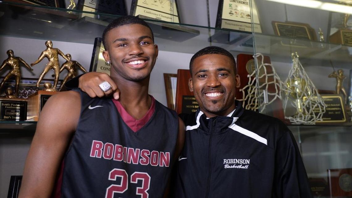 Concord Robinson won the N.C. 3A basketball championship last season and Robinson star Lavar Batts, left the state’s top recruit, was the star, and his father, Lavar Sr., right, was the coach.