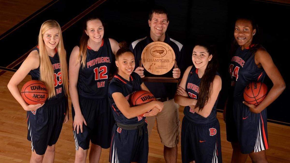 (L-R) Providence Day girls Celine Ives (33), Erin Whalen (12), Kennedy Boyd (0) head coach Josh Springer, Izzy Gallant (15) and Janelle Bailey (44).