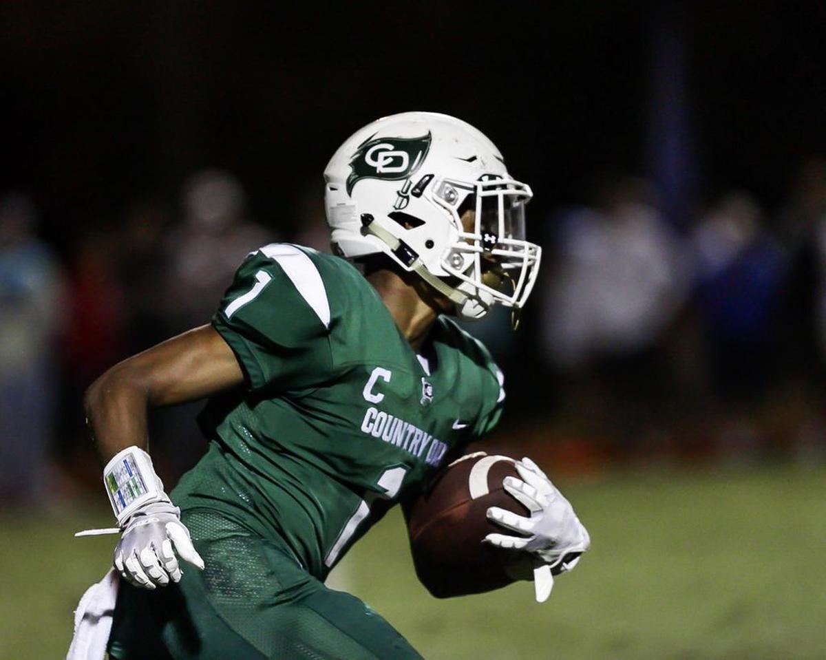 Charlotte Country Day’s Rylan McLaurin (1) receives the kickoff in Friday’s game with Providence Day. Providence Day won 42-6.