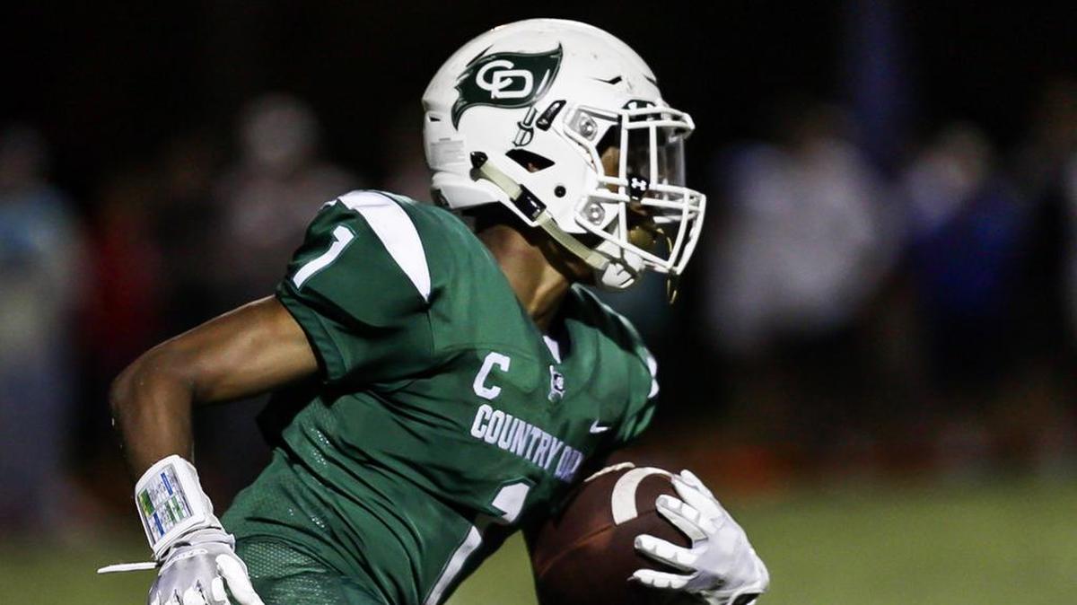 Charlotte Country Day’s Rylan McLaurin (1) receives the kickoff in Friday’s game with Providence Day. Providence Day won 42-6.