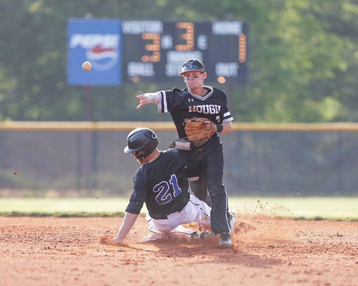 Hough second baseman Zac Linker gets the out and 2nd and attempts the double play. Hough would face the number 1 seed Lake Norman Wildcats in the 4A I-Meck Tournament Championship.