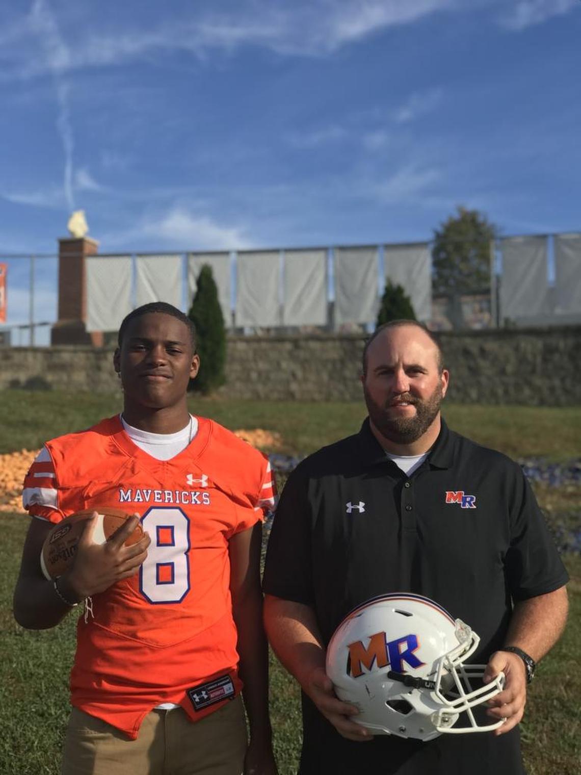 Marvin Ridge quarterback Bryce McLain (left) and coach Aubrey Carter will lead the Mavericks against Weddington Friday night.