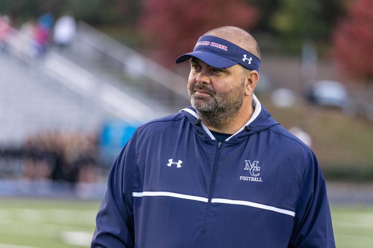 Mallard Creek Head Coach Mike Palmieri looks on as his Mavericks run through their pre-game routine.