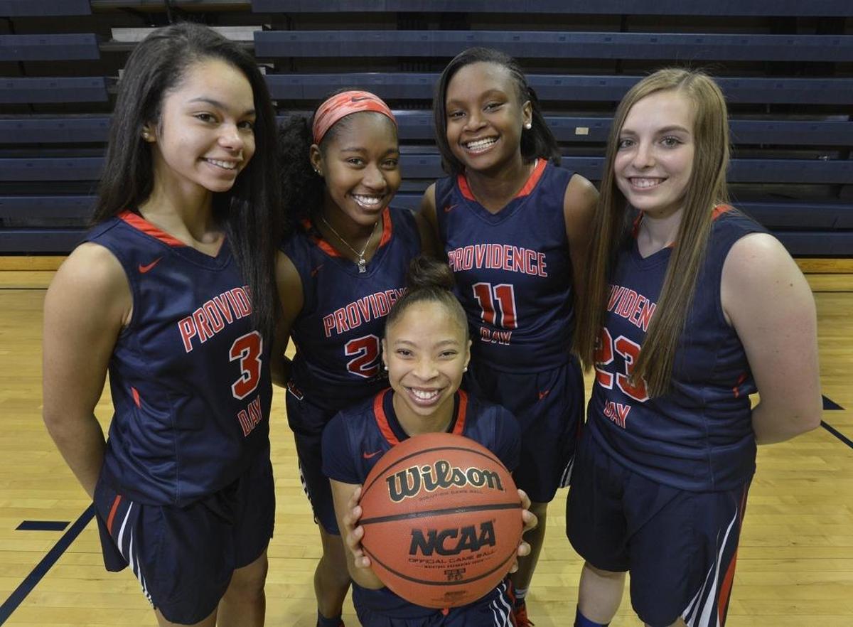 Starters for Providence Day’s girls’ basketball team (left to right): Nina-Simone Clark, MiLeia Owens, Kennedy Boyd, Kailey Smith and Andi Levitz.