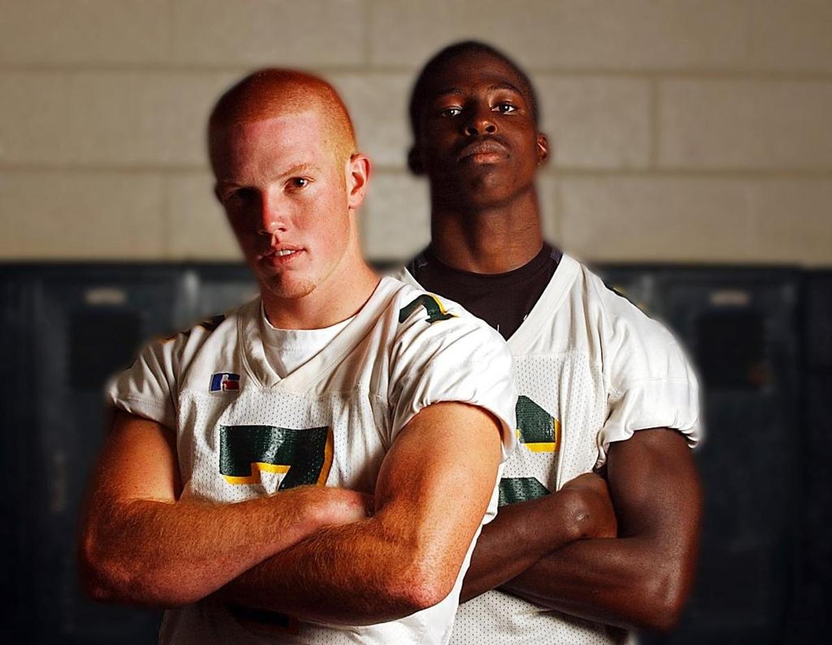 In 2004, Independence High School's quarterback Joe Cox, left, and receiver Mohamed Massaquoi, both future Georgia stars, formed a dynamic "1-2 Punch" for coach Bill Geiler and the Patriots. CHRISTOPHER A. RECORD - STAFF PHOTO ILLUSTRATION