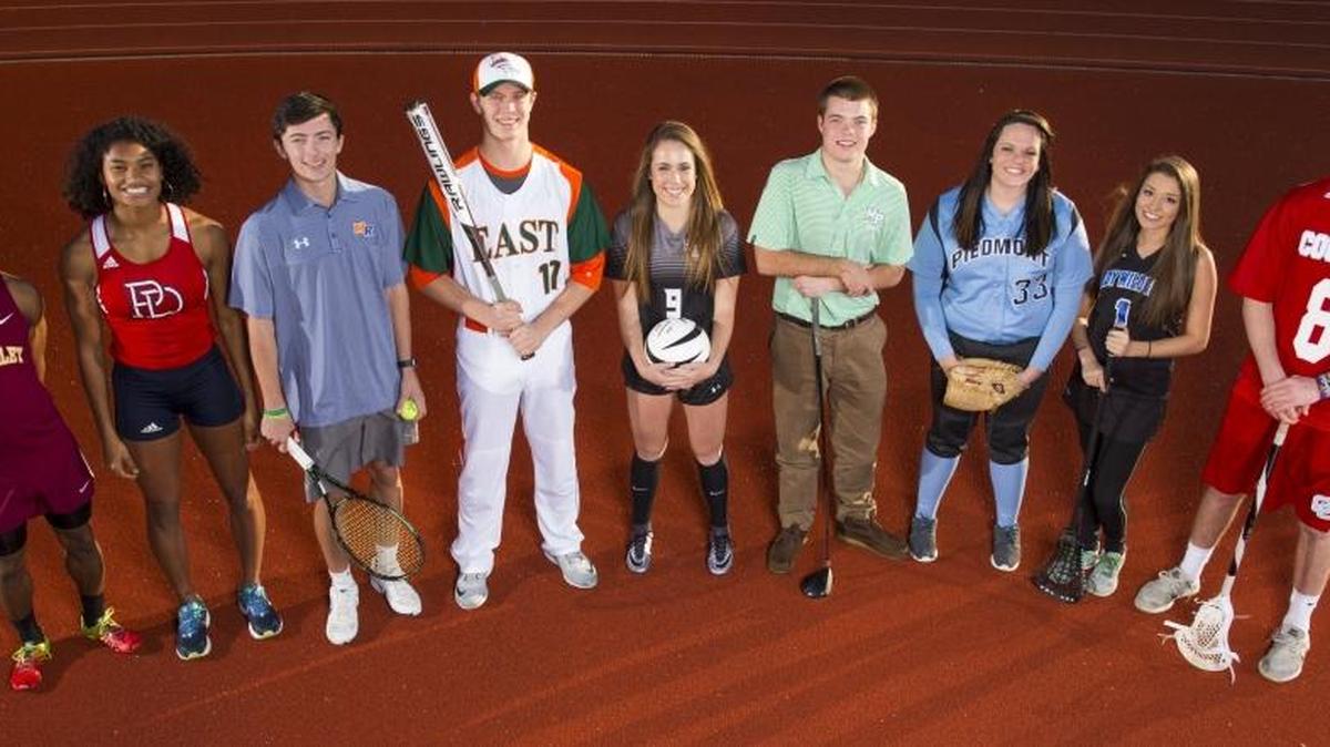 Charlotte Observer spring sports athletes from left: P.J. Lotharp, 18, a senior track and field runner from Sun Valley High School, Anna Cockrell, 18, a senior track and field hurdler from Providence Day School, George Lovitt, 18, a senior tennis player from Marvin Ridge High School, Chris Cox, 18, a senior baseball player from East Lincoln High School, Ashlynn Serepca, 15, a sophomore soccer player from Hough High School, Walker Simas, 17, a senior golfer from Myers Park High School, Cristi Pressley, 18, a senior softball pitcher from Piedmont High School, Carly Vaccaro, 17, a senior lacrosse player from Lake Norman High School, and Jackson Harris, 19, a senior lacrosse player from Charlotte Catholic High School. Image shot Thursday, February 11, 2016 at Providence Day School. Photo by JASON E. MICZEK - www.miczekphoto.com