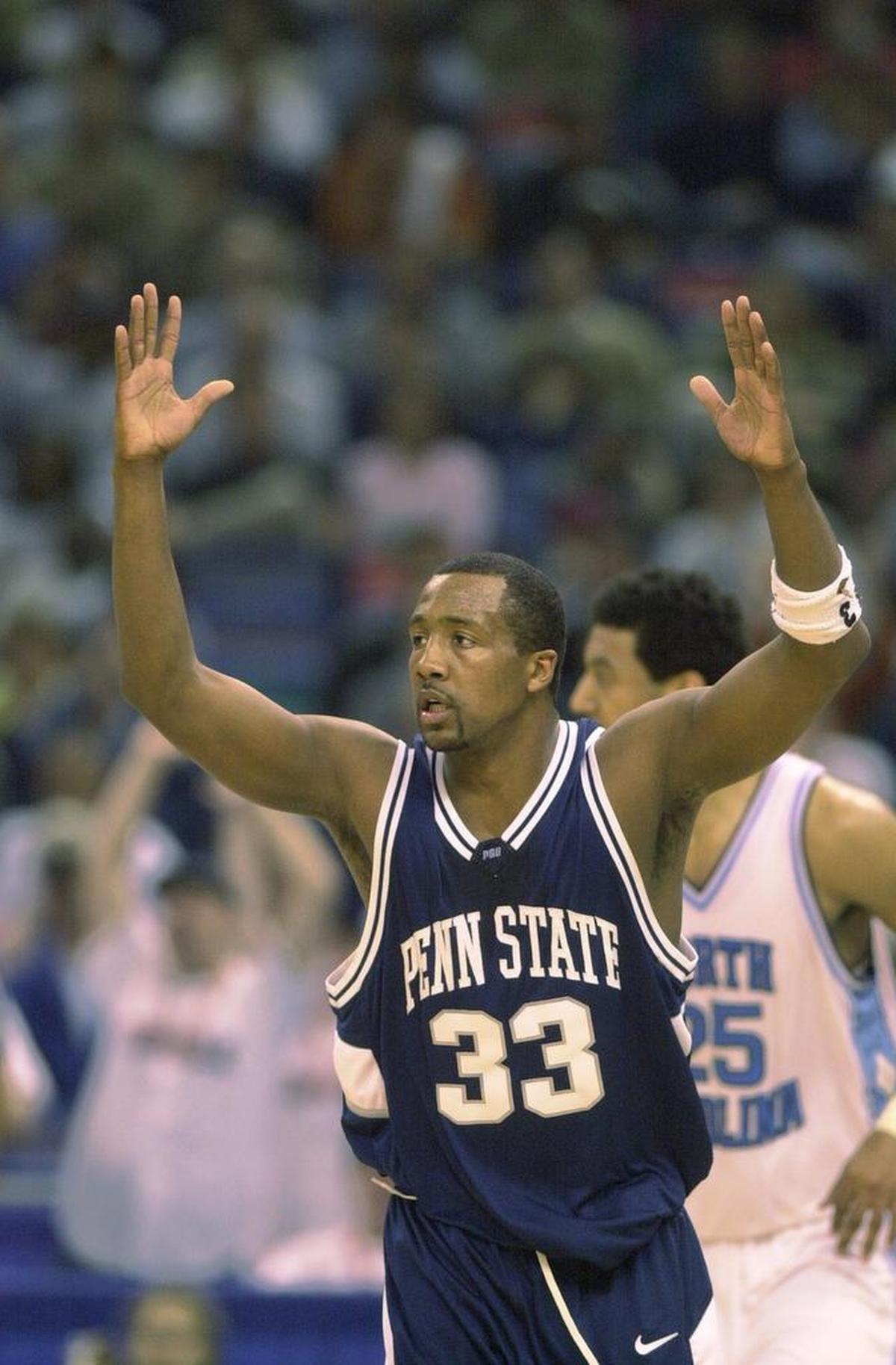 3/16/01: Penn State’s Titus Ivory (33) raises his hands after hitting a 3-pointer in the first half as he helped lead Penn State over Carolina in the NCAA Tournament in New Orleans. CHRISTOPHER A. RECORD/Staff