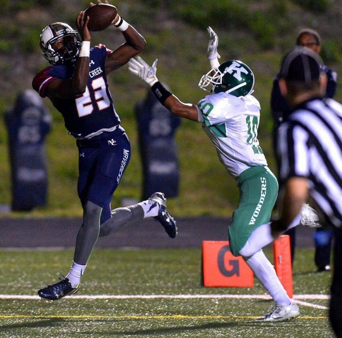 Mallard Creek wide receiver Ryan Jones, left, catches a touchdown pass against A.L. Brown in October. Friday, the junior committed to play college football at North Carolina.