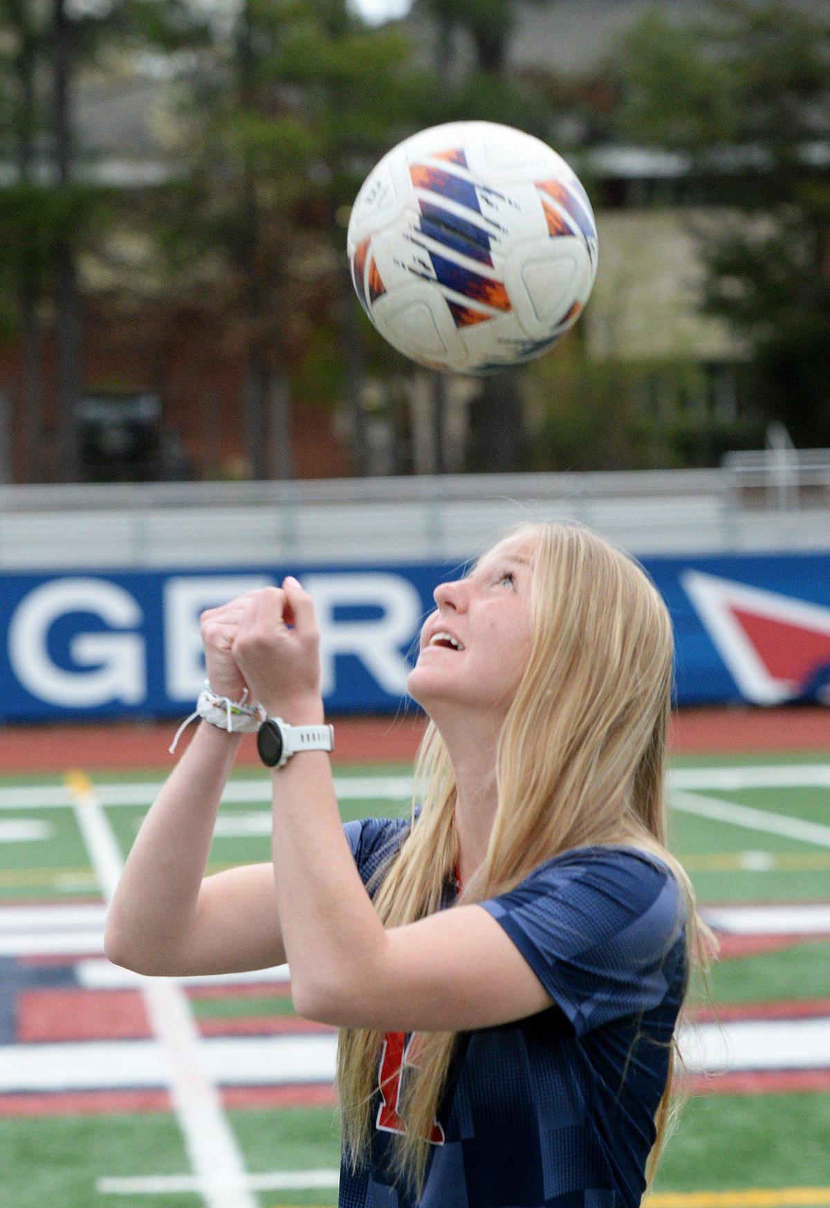 Blane McElory, the reigning North Carolina Gatorade Player of the Year and her Providence Day teammates, who won the private school state champ last spring, play at public school state champ Marvin Ridge Tuesday. McElroy, a senior midfielder, posed for photos on Monday, Mar. 24, 2025.