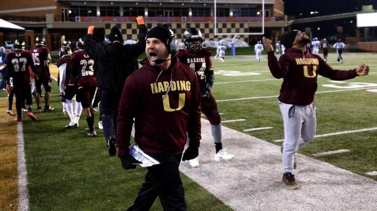 Harding University head coach Sam Greiner, seen here celebrating his team’s N.C. 4A state championship win in December, has resigned. A source says Greiner will take a similar position at an area school