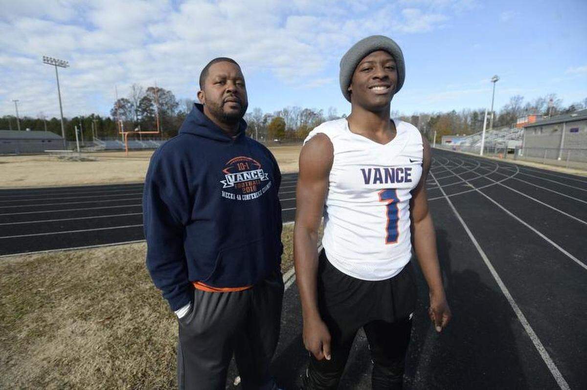 Vance High coach Aaron Brand and linebacker Power Echols, a top 100 national recruit as a sophomore, will lead the Cougars into Friday’s N.C. 4AA semifinal with Myers Park. The game kicks off Friday night at 7:30 p.m. at Mallard Creek High School.