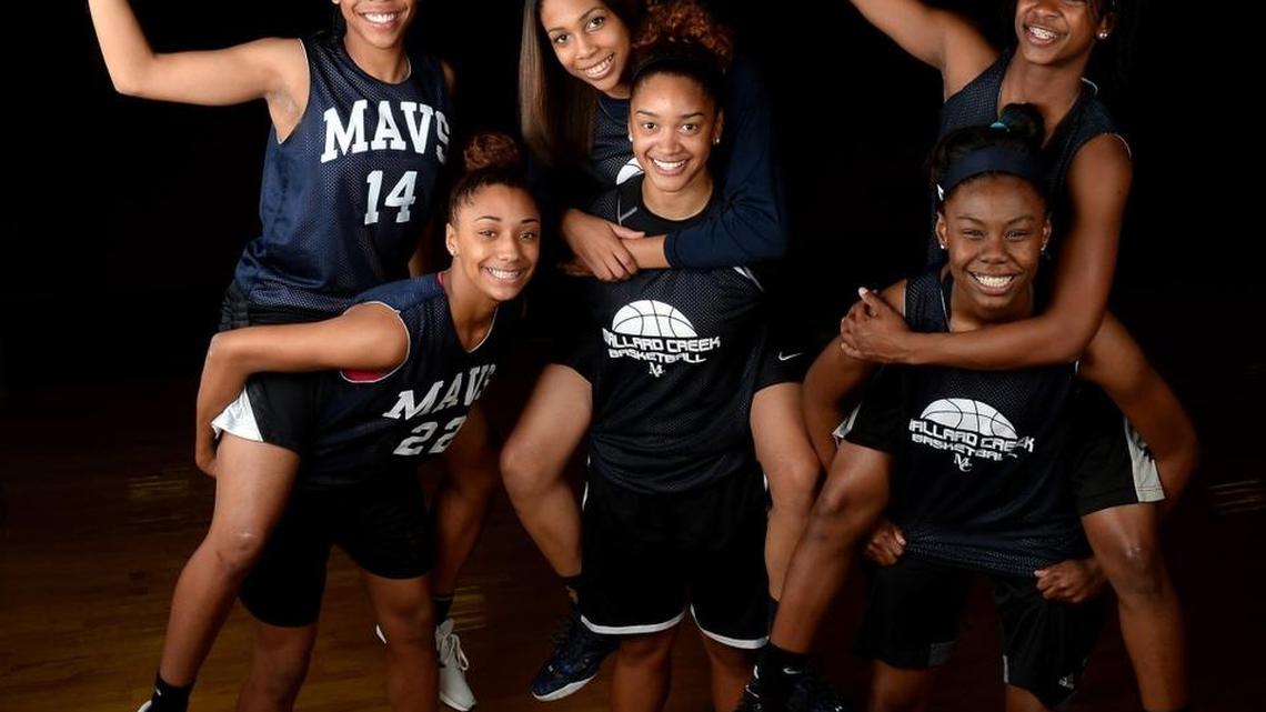 (Back row left-right) Dazia Lawrence, Kay'lla Richardson and Janay Sanders. (Front row left-right) Ahlana Smith, Ja'Nea Davis and E'mya Price of Mallard Creek High. Mallard Creek is No. 1 in the Observer’s Sweet 16