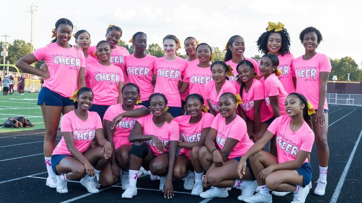 The Mallard Creek Maverick Cheerleaders wore pink during the Mavericks game against West Charlotte to support a cancer awareness promotion. Mallard Creek beat West Charlotte to remain undefeated.