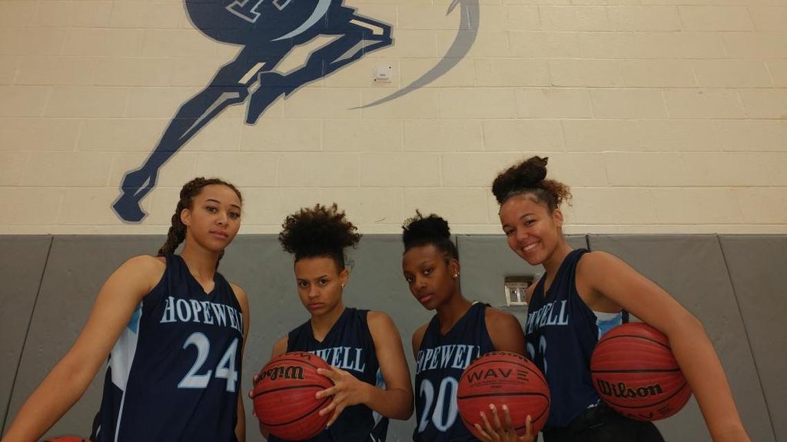 Three of Hopewell’s key returning girls basketball players:Left to Right:Lenzi Brown; Kelsie Ruff-Mills; Erin Thames; Michaela Gibbons.