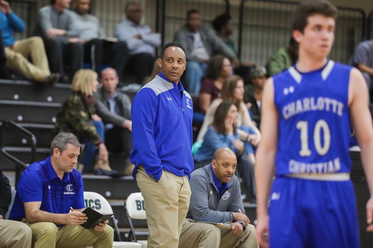Charlotte Christian Head Coach Shonn Brown looks on as his team would pull away early in the 2nd half. Charlotte Country Day would host Charlotte Christian January 9, 2018.
