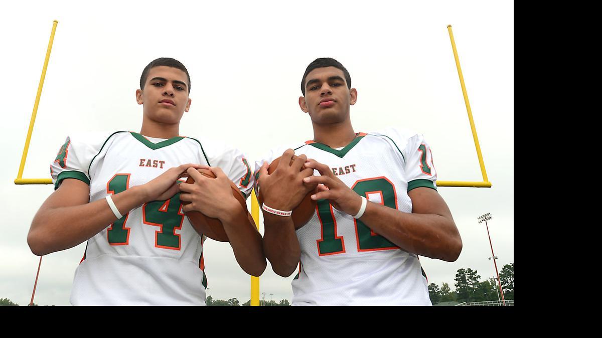 
Chazz Surratt, right, a rising senior and Duke commit, connected with younger brother Sage Surratt, for all four East Lincoln touchdowns in a 28-21 victory over top-seeded Cuthbertson in the championship game of the Carolina Panthers 7-on-7 tournament Friday at the Panthers’ practice facility.

