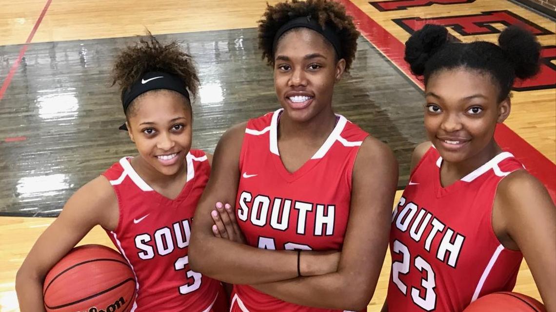 South Mecklenburg’s girls have three of Mecklenburg County’s premier players (left to right): junior Naomi Gilbert (3), junior A’Lea Gilbert (middle) and sophomore Shariah Gaddy (23)