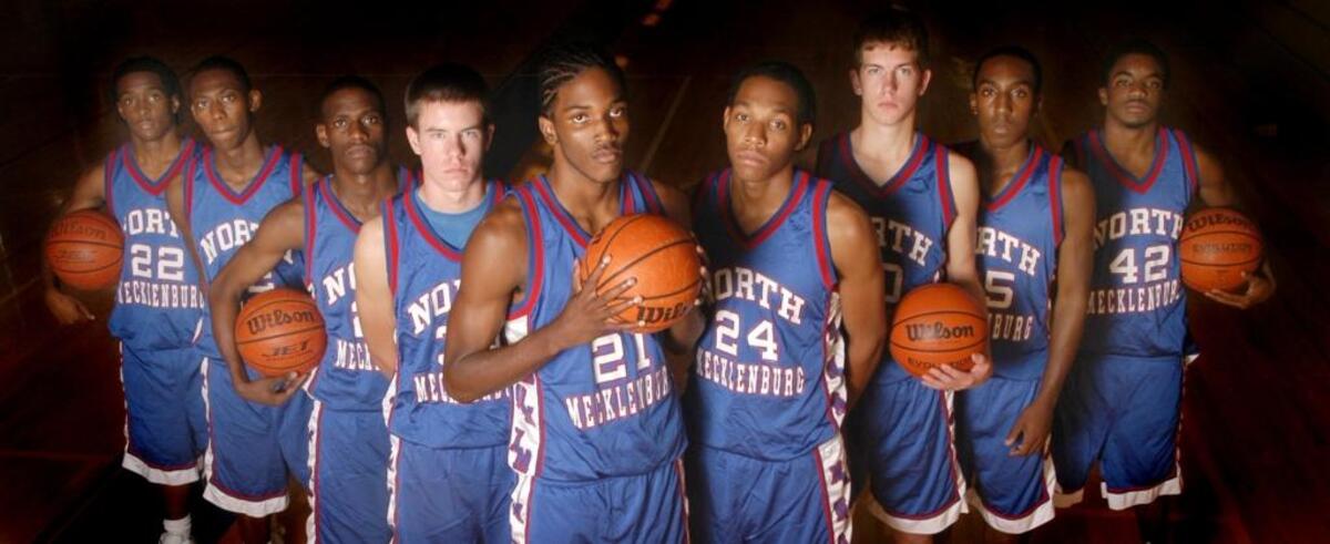 In the 2004-05 season, North Mecklenburg won the school’s first state title. The Vikings’ players (left to right): Tori New, Michael Laney, Jarmel Baxter, Colin Jenest, Jamie Skeen, Ben Stywall, David McAuley, K.J. Jimoh and C.J. Young.