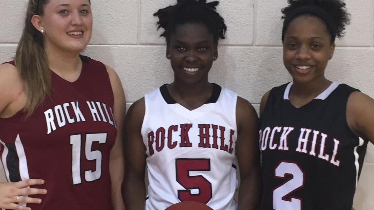 Rock Hill girls basketball players left to right, Mason Hendrix, Monique Stevenson and Brooklyn O’Bailey