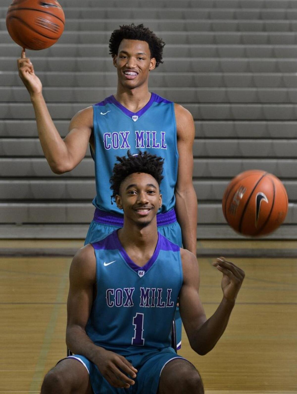 Cox Mill High’s Wendell Moore (top), a junior, and Rechon “Leaky” Black, a senior, are top 100 prospects nationally in their respective classes. They can play both guard and both forward positions. Black has committed to play for North Carolina.